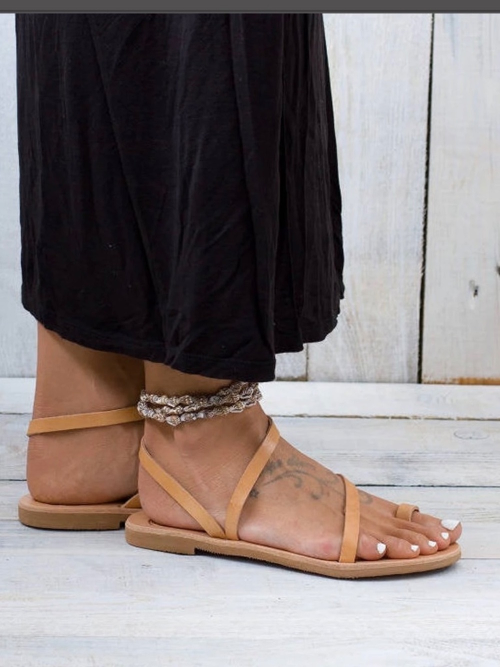 Handmade Greek Leather Sandals Size 39 US 8 Tan Toe Ring Wrap Flat Sandals - Picture 2 of 9
